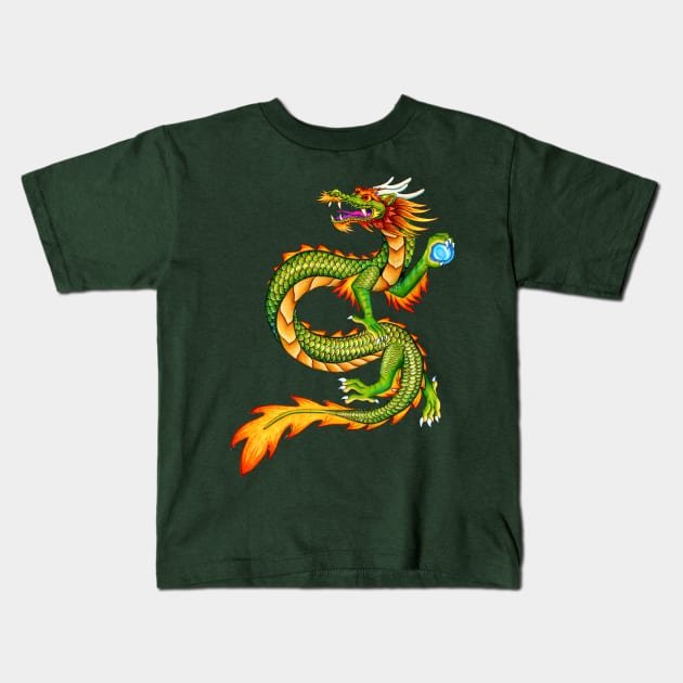 Colorful Cartoon Green Chinese Dragon Kids T-Shirt by rebeccawangart